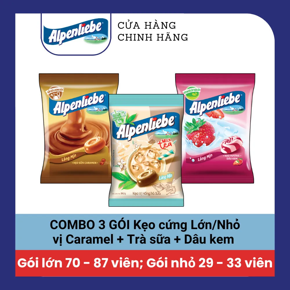 Ảnh COMBO Kẹo cứng Alpenliebe đậm vị sữa béo hương Caramel, Dâu sữa, Trà sữa và kẹo cứng có nhân Xoài muối ớt 1