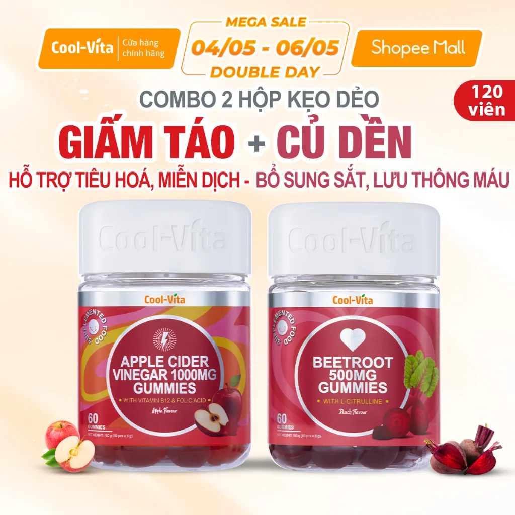 Ảnh Combo Kẹo Dẻo Giấm Táo Hỗ Trợ Tiêu Hóa & Kẹo Dẻo Củ Dền Hỗ Trợ Bổ Sung Sắt CoolVita (60 viên x 3g)/hộp 1