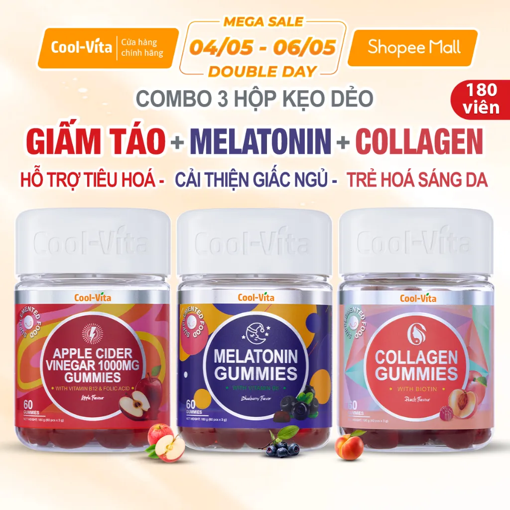 Ảnh Combo Kẹo Dẻo Giấm Táo, Kẹo Dẻo Melatonin Và Kẹo Dẻo Collagen - 3 Hộp (60 viên x 3g)/hộp 1