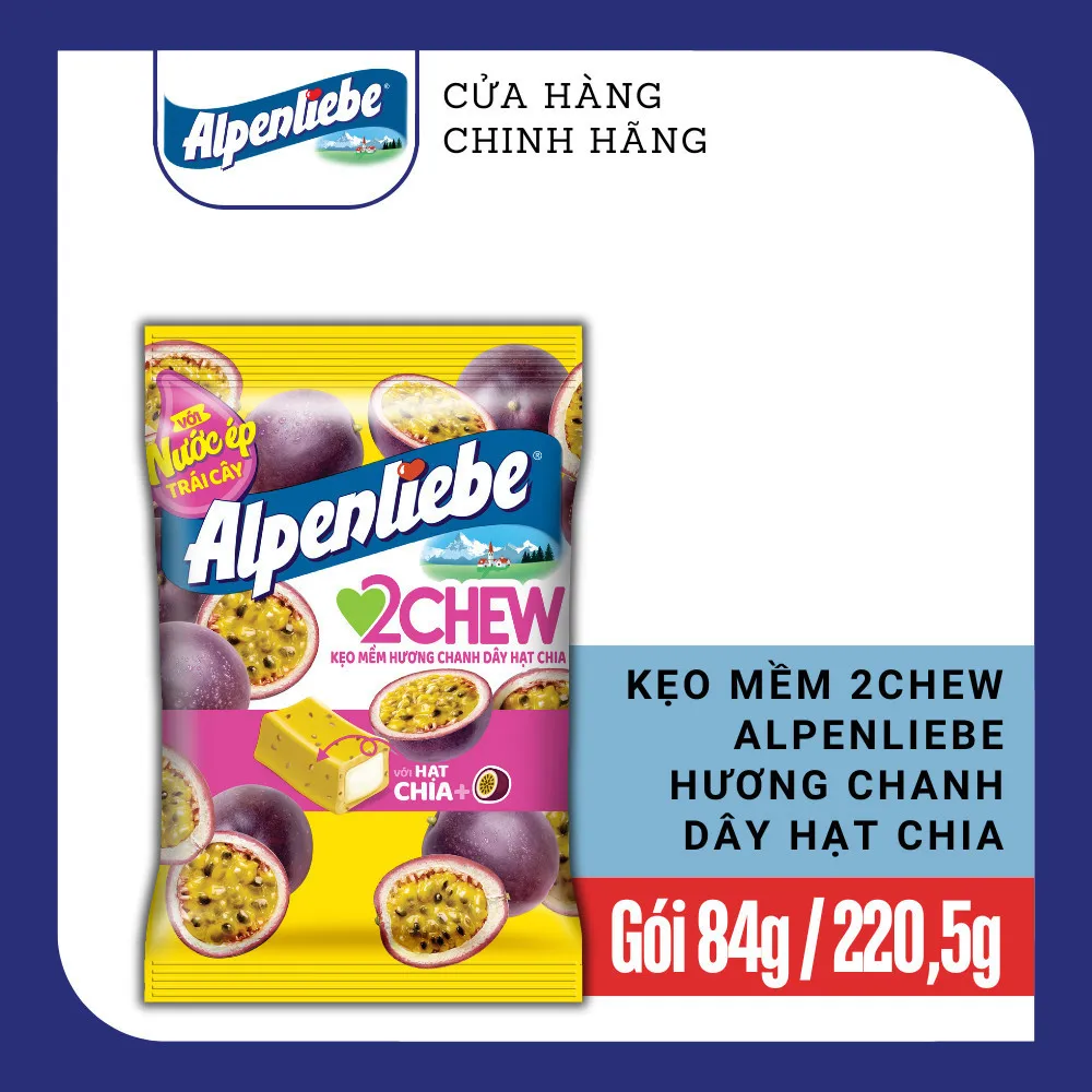 Ảnh COMBO Kẹo Mềm Alpenliebe 2Chew từ nước ép trái cây hương Dâu Nho, Chanh dây hạt chia 1