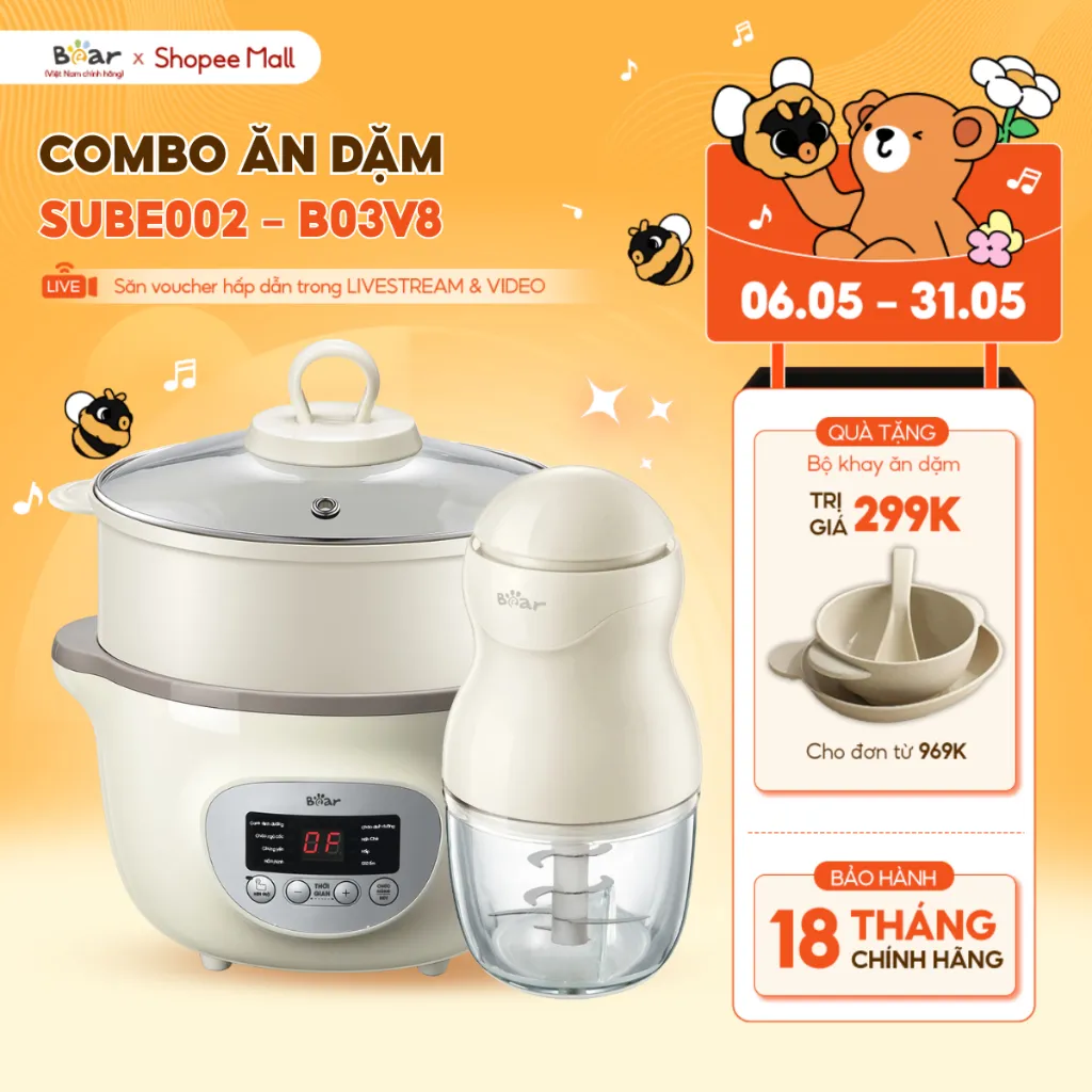 Đánh giá Combo Nồi Nấu Cháo Chậm Bear SUBE002 & Máy Xay Ăn Dặm Bear B03V8