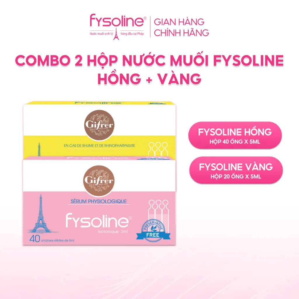Ảnh Combo Nước muối sinh lý Fysoline hồng 40 ống x 5ml và vàng 20 ống x 5ml vệ sinh mắt, mũi, miệng hiệu quả 1