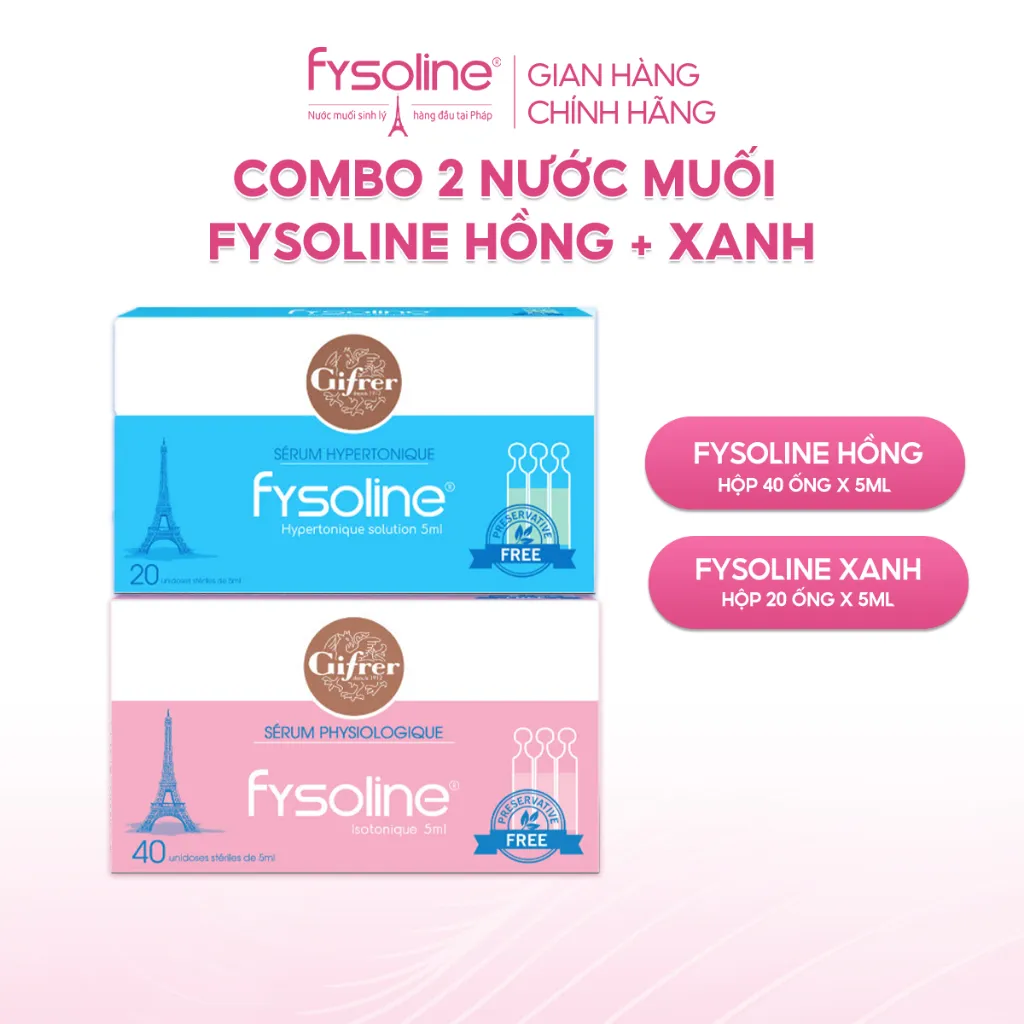 Ảnh Combo Nước muối sinh lý FYSOLINE Hồng 40 ống x 5ml và Xanh 20 ống x 5ml vệ sinh mắt, mũi, miệng hàng ngày cho bé 1