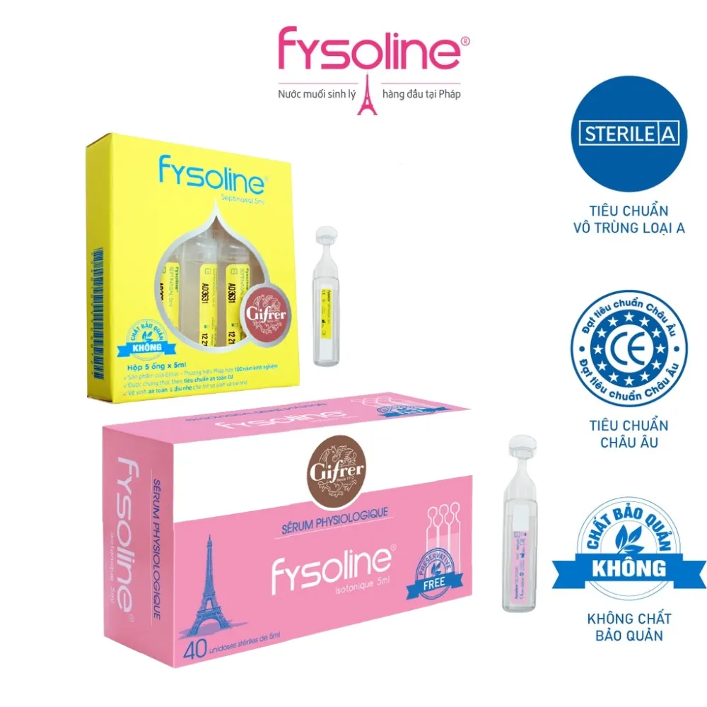 Ảnh Combo Nước Muối Sinh Lý FYSOLINE Hồng 40 Ống x 5ml và Kháng Khuẩn Vàng 5 ống x 5ml Nhỏ Mắt Mũi Miệng Hiệu Quả Cho Bé 1