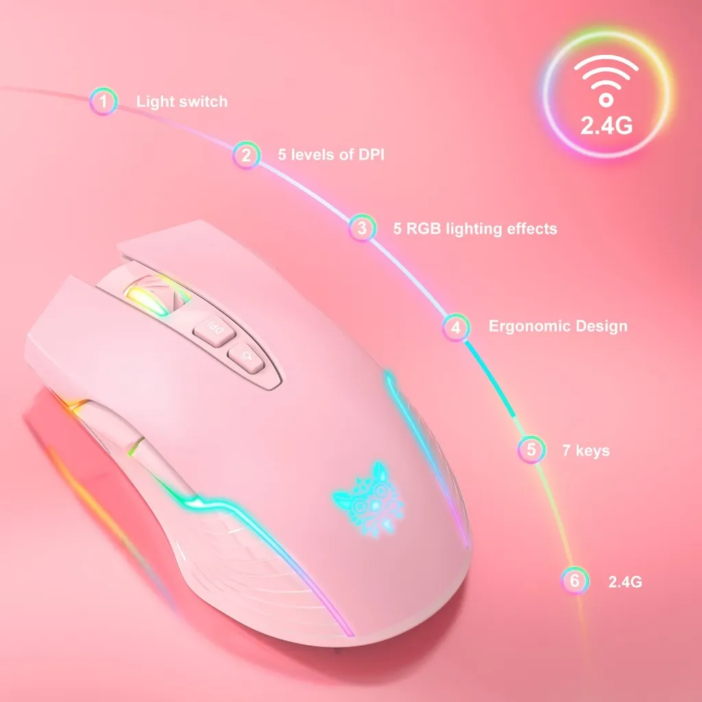 Ảnh Combo Onikuma Gaming 6 (Tai nghe Không Dây B90 Pink + Chuột CW905 wireless 2.4G Pink + Giá Đỡ ST-2 Pink) 4