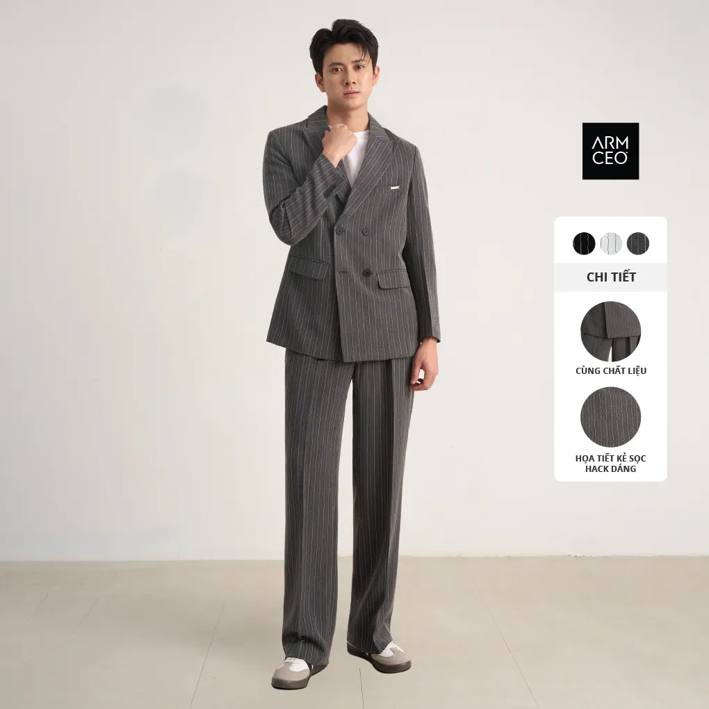 Ảnh COMBO quần áo blazer kẻ sọc quần suông kẻ sọc ARMCEO dáng suông rộng hack dáng che khuyết điểm siêu tốt -SB02 1