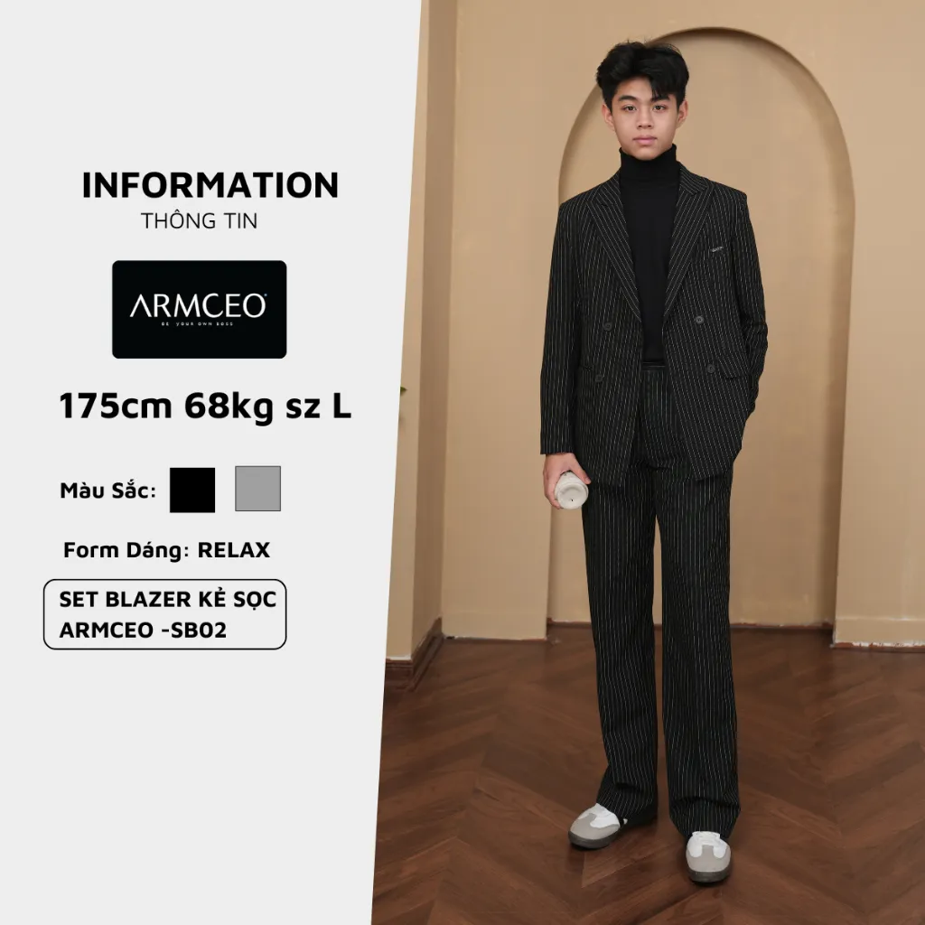 Ảnh COMBO quần áo blazer kẻ sọc quần suông kẻ sọc ARMCEO dáng suông rộng hack dáng che khuyết điểm siêu tốt -SB02 2