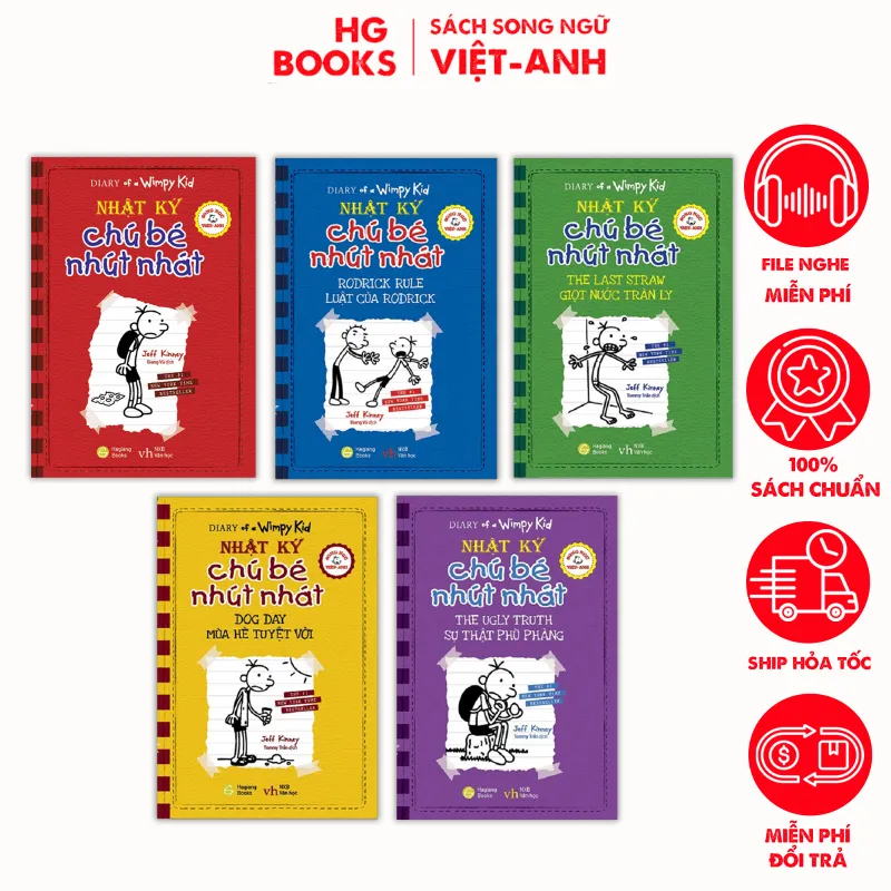 Ảnh Combo tập 1-5 Nhật Ký Chú Bé Nhút Nhát song ngữ - Diary Of a Wimpy Kid, tặng kèm file nghe HG Books 1