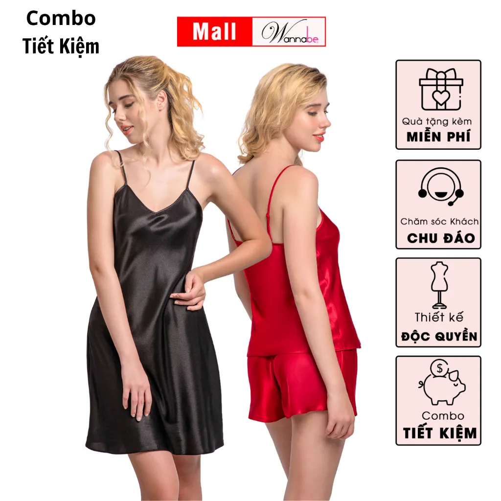 Ảnh Combo váy ngủ + bộ đùi nữ lụa mềm mịn WANNABE sự kết hợp hoàn hảo vừa tiết kiệm cho phái đẹp DNBS612 3