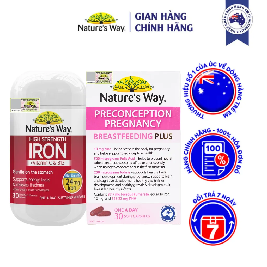 Ảnh Combo Vitamin Bầu Thông Minh: Vitamin Tổng Hợp Nature's Way Pregnancy Breastfeeding Plus và Sắt Hữu Cơ Strength Iron 1