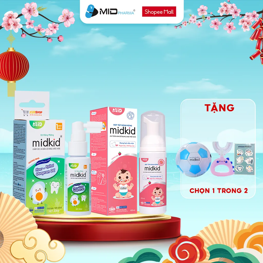 Ảnh Combo Xịt chống sâu răng Midkid vị nho 30ml + Bọt tâp đánh răng Midkid vị dâu 60ml cho bé từ 1 tuổi 1