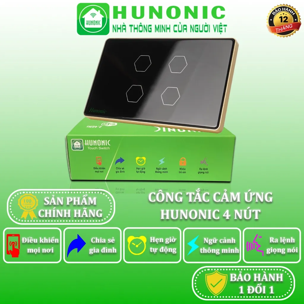Ảnh Công Tắc Cảm Ứng Wifi Hunonic, Công Tắc Thông Minh Điều Khiển Từ Xa Qua Điện Thoại Hình Chữ Nhật Có Viền - HNSC 1