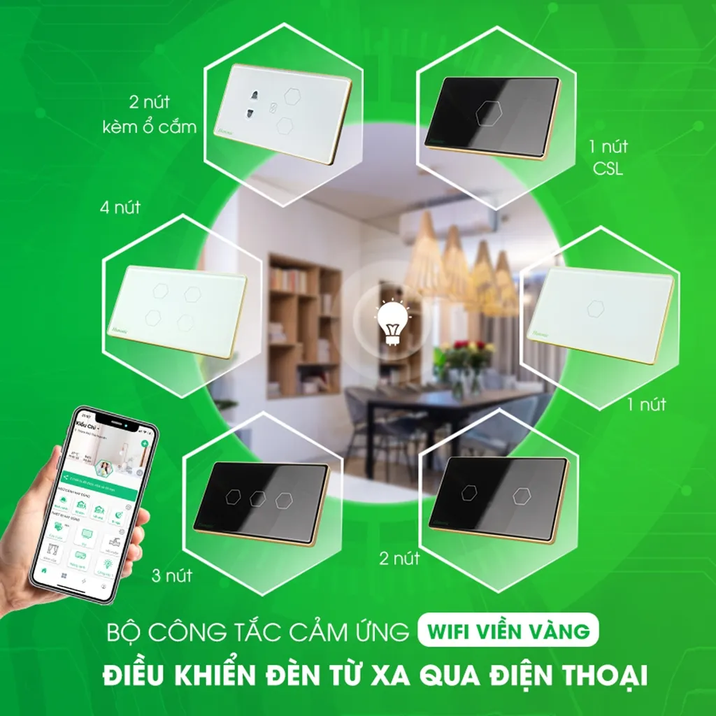 Ảnh Công Tắc Cảm Ứng Wifi Hunonic, Công Tắc Thông Minh Điều Khiển Từ Xa Qua Điện Thoại Hình Chữ Nhật Có Viền - HNSC 2