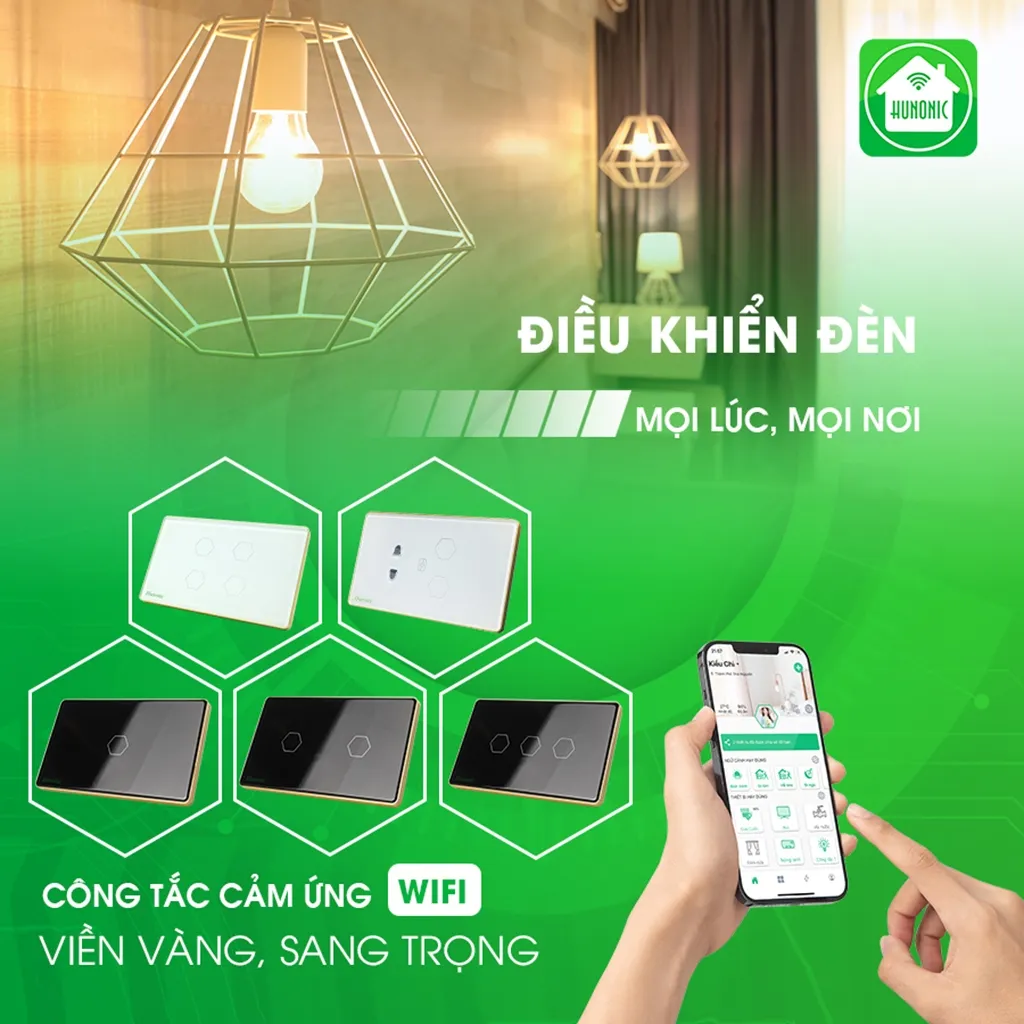 Ảnh Công Tắc Cảm Ứng Wifi Hunonic, Công Tắc Thông Minh Điều Khiển Từ Xa Qua Điện Thoại Hình Chữ Nhật Có Viền - HNSC 4
