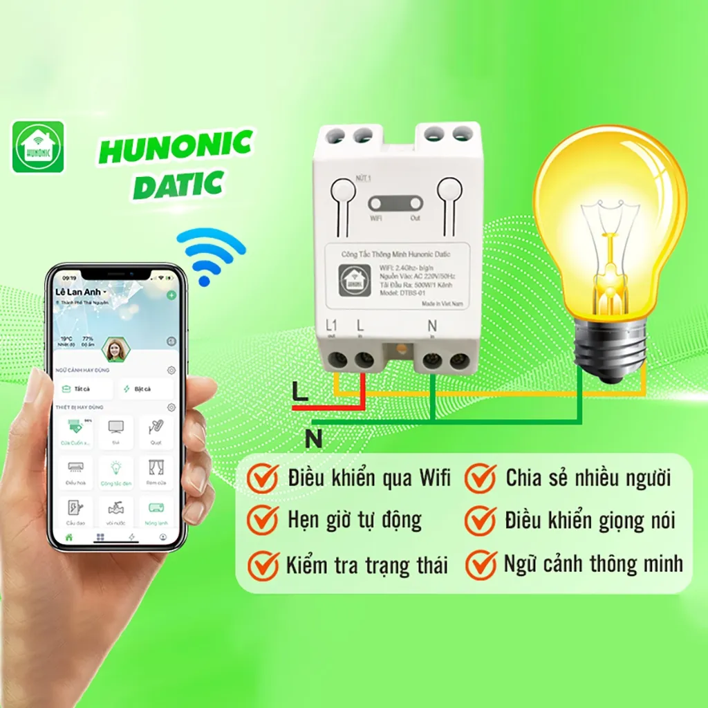 Ảnh Công Tắc Cảm Ứng Wifi Thông Minh Hunonic, Giá Rẻ, Công Tắc Hẹn Giờ, Điều Khiển Từ Xa Qua Điện Thoại 4