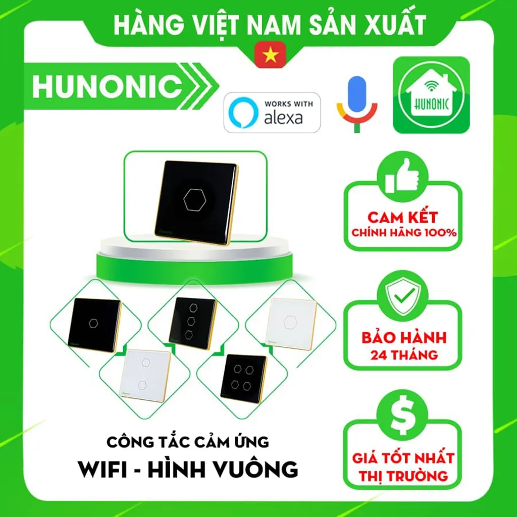 Ảnh Công Tắc Thông Minh Wifi Hunonic, Công Tắc Điều Khiển Từ Xa Qua Điện Thoại Hình Vuông - HNSV 1