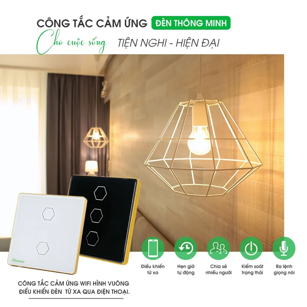 Ảnh Công Tắc Thông Minh Wifi Hunonic, Công Tắc Điều Khiển Từ Xa Qua Điện Thoại Hình Vuông - HNSV 4