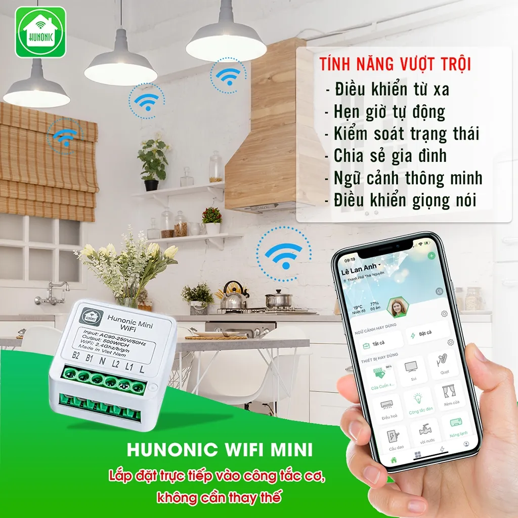 Ảnh Công Tắc Thông Minh Wifi Hunonic Mini, Công Tắc Điều Khiển Từ Xa Qua Điện Thoại - HNMN02 2