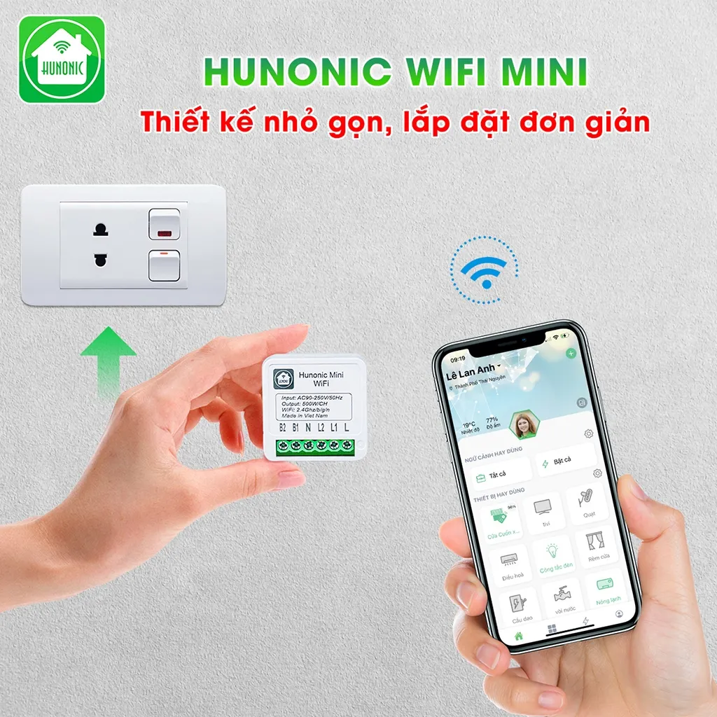 Ảnh Công Tắc Thông Minh Wifi Hunonic Mini, Công Tắc Điều Khiển Từ Xa Qua Điện Thoại - HNMN02 3