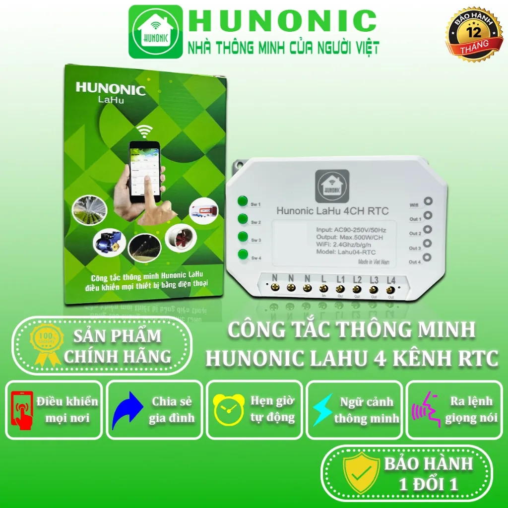 Công Tắc Thông Minh Wifi Hunonic Lahu LAHU04 RTC: Hẹn Giờ Chính Xác KHÔNG Cần Internet