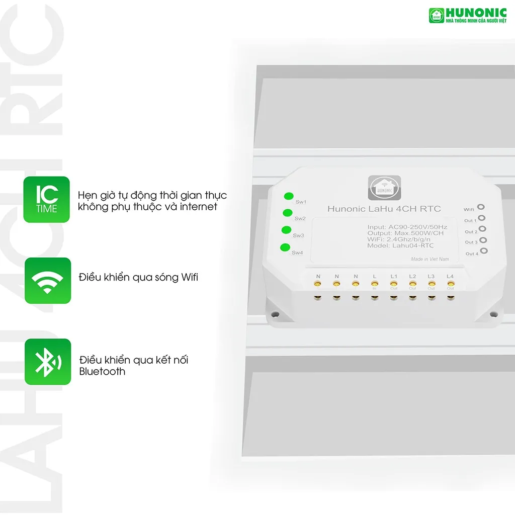 Ảnh Công Tắc Thông Minh Wifi Hunonic, Công Tắc Hẹn Giờ Không Cần Internet Lahu RTC - LAHU04 RTC 4