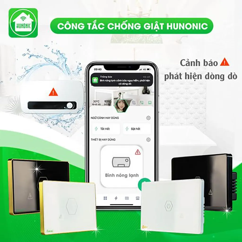 Ảnh Công Tắc Thông Minh Wifi Cảm Ứng, Công Tắc Chống Giật Cho Bình Nóng Lạnh Hunonic Datic - DTSWU1 3