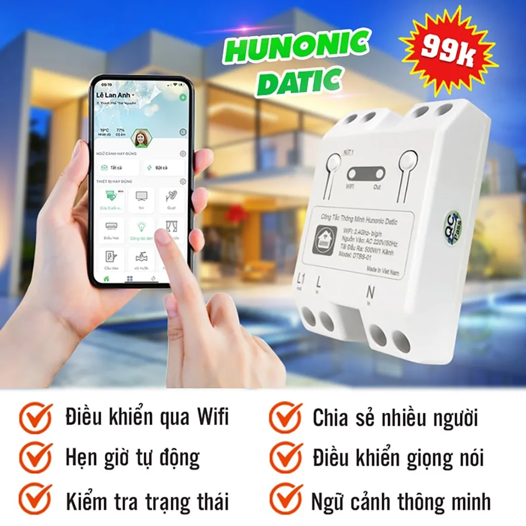 Ảnh Công Tắc Wifi Giá Rẻ, Công Tắc Điều Khiển Từ Xa Qua Điện Thoại Hunonic Datic Basic - DTBS01 3