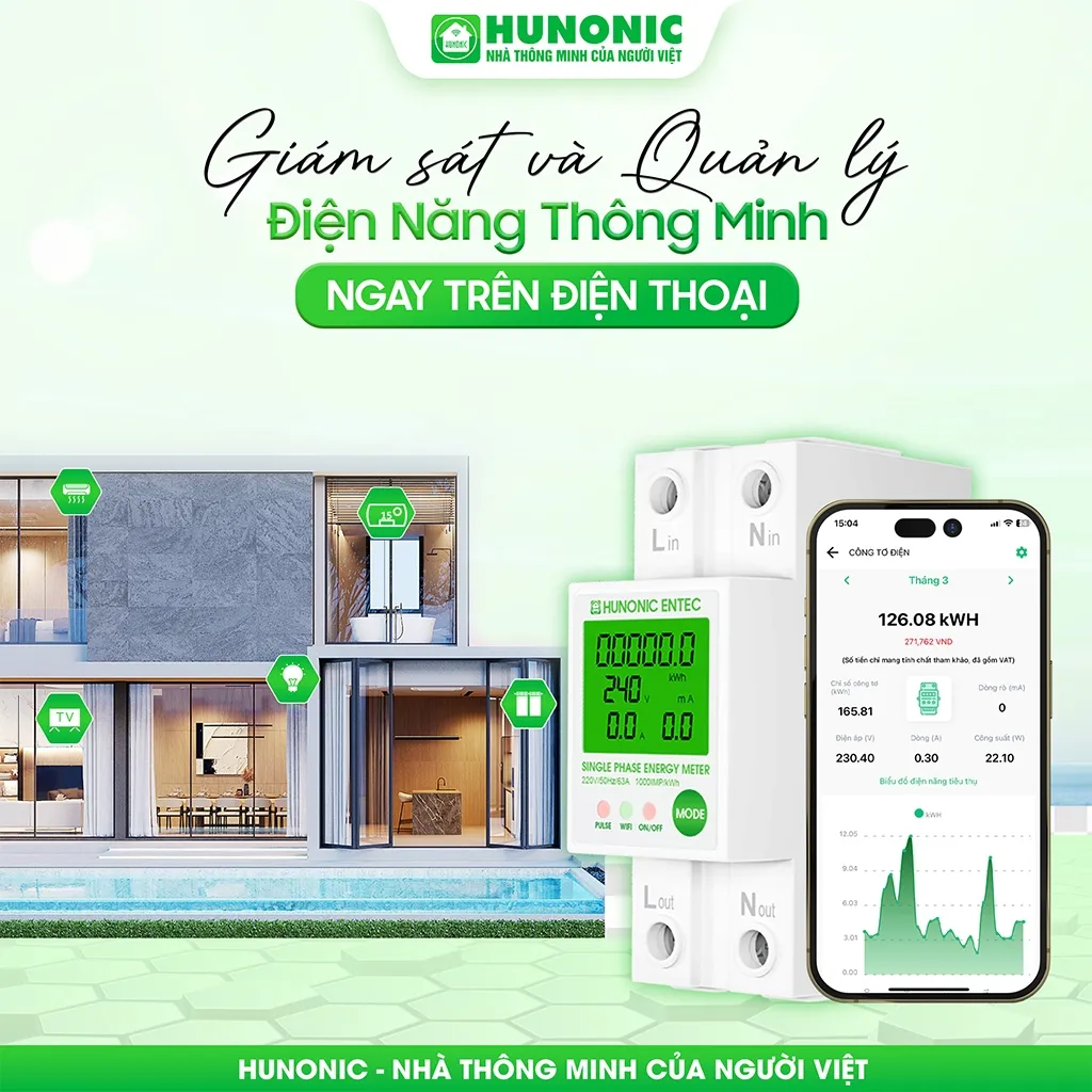 Ảnh Công Tơ Điện Tử Wifi Hunonic Entec, Giám Sát, Đóng Cắt, Đo Điện Năng Tiêu Thụ Từ Xa Qua Điện Thoại - HNCTD 1