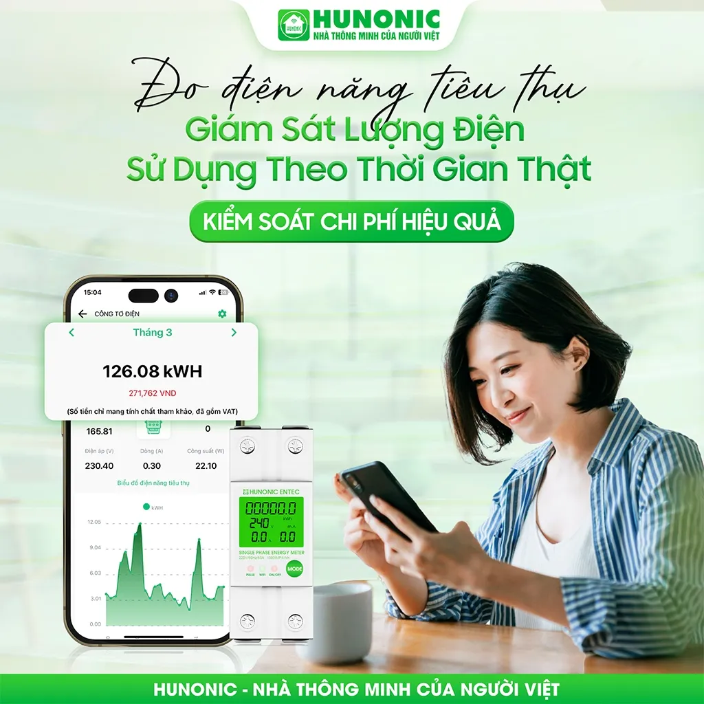 Ảnh Công Tơ Điện Tử Wifi Hunonic Entec, Giám Sát, Đóng Cắt, Đo Điện Năng Tiêu Thụ Từ Xa Qua Điện Thoại - HNCTD 2