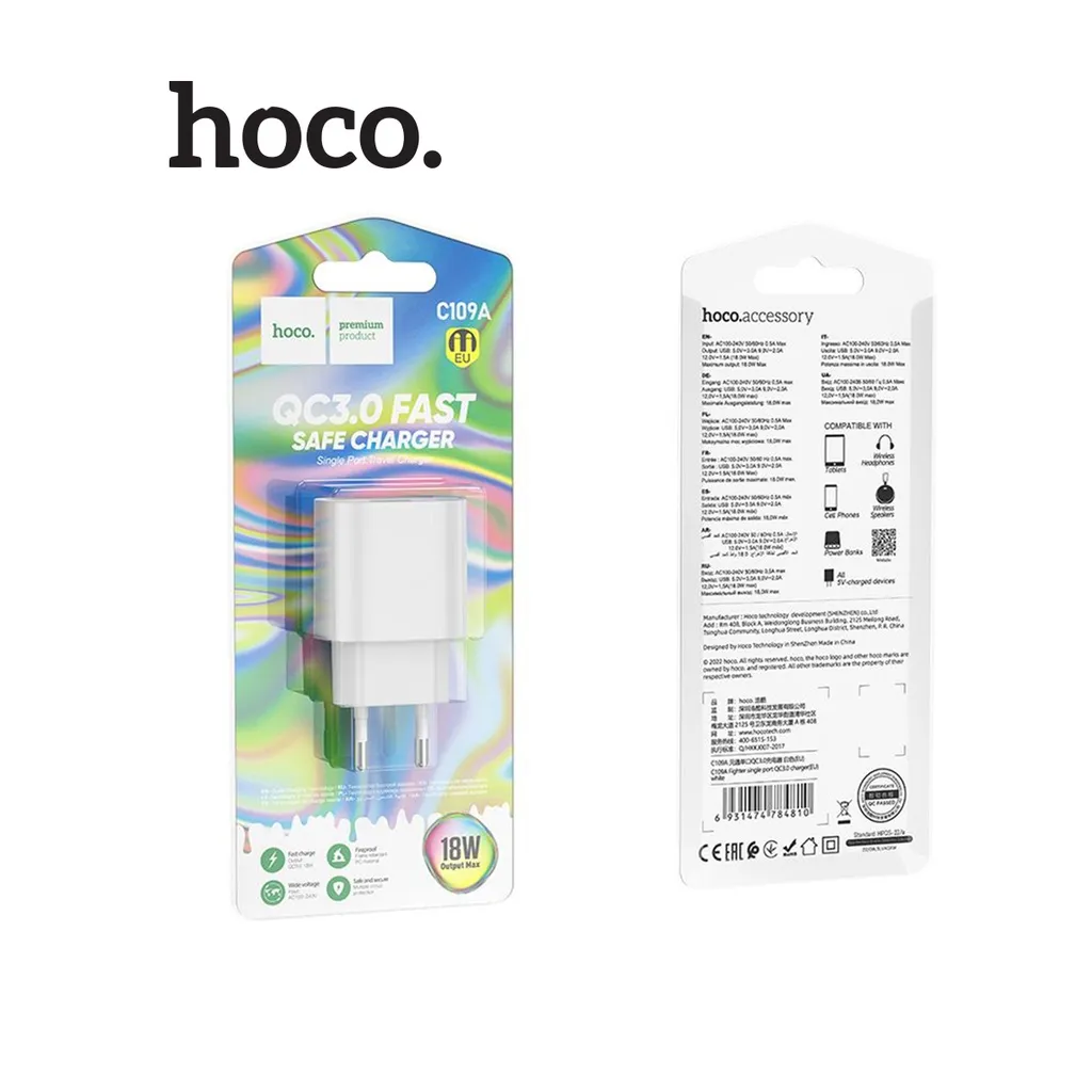 Ảnh Củ sạc Hoco C109A 1 cổng USB  sạc nhanh 18W QC3.0 chân cắm chuẩn EU chất liệu PC cao cấp 2