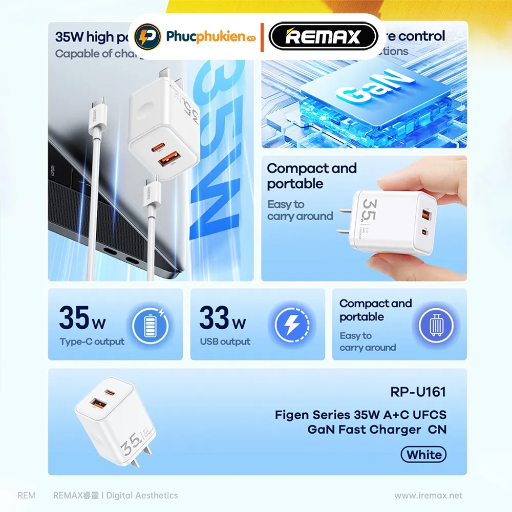 Ảnh Củ sạc nhanh 35w Remax U161 2 cổng sạc đầy 60% pin 30 phút cho 16 seris trở xuống - Phúc Phụ Kiện 2