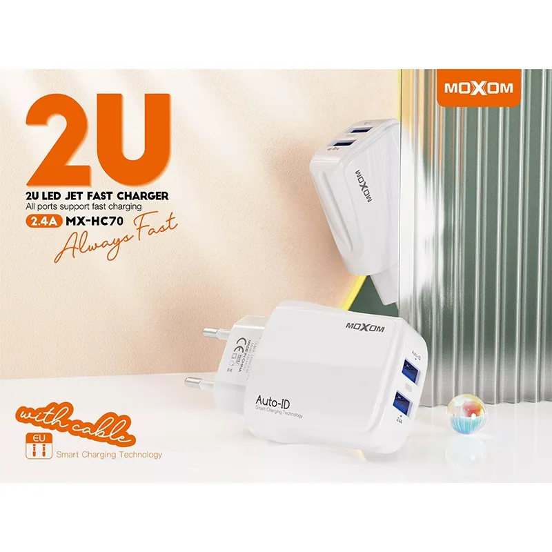 Ảnh Củ sạc nhanh 5V 2.4A MOXOM HC70 2 Cổng USB AUTO-ID sạc nhanh cho iPhone, iPad, Smartphone Android 2