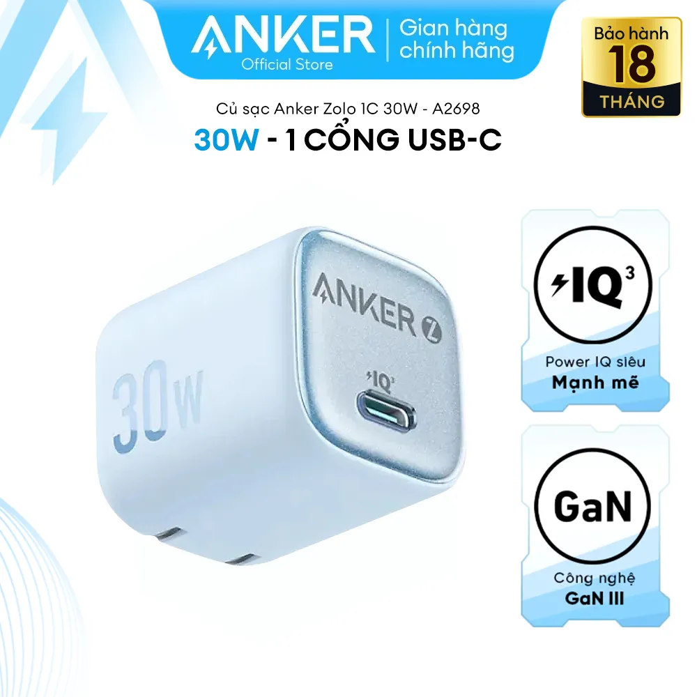 Ảnh Củ sạc nhanh Anker Zolo GaN 30W 1 cổng USB-C Power IQ 3.0 - A2698 Hỗ trợ sạc nhanh từ iphone 8 trở lên 1
