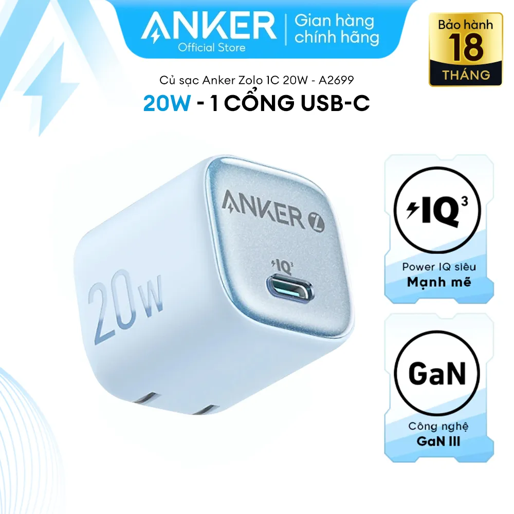 Ảnh Củ sạc nhanh Anker Zolo GaN 20W 1 cổng USB-C, Power IQ 3.0 - A2699 Hỗ trợ sạc nhanh cho Iphone 8 trở lên 2