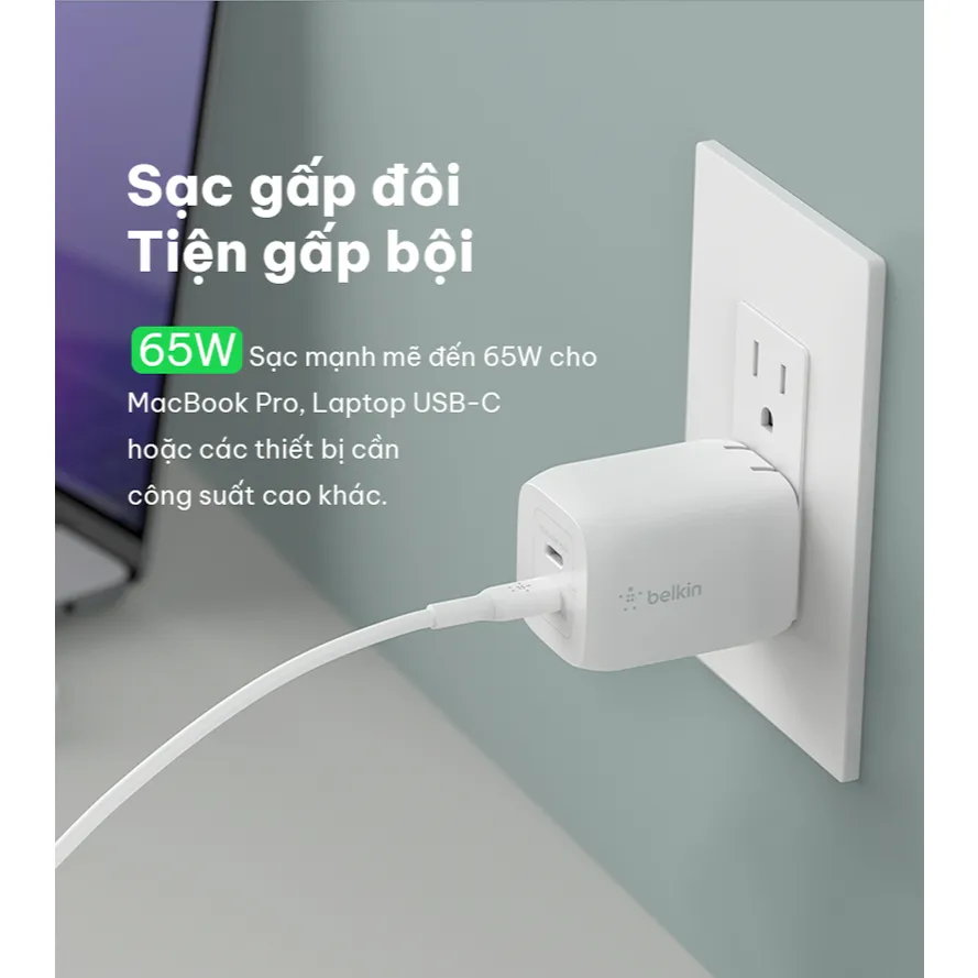 Ảnh Củ sạc nhanh Belkin PRO GaN 65W | 2 cổng USB-C, Thiết kế nhỏ gọn, công nghệ tối ưu, An toàn cao 4