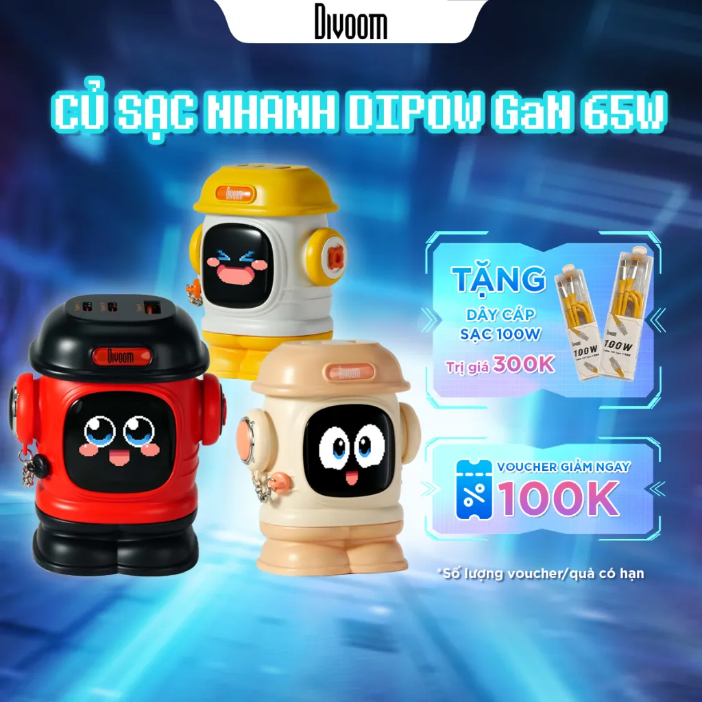 Ảnh Củ sạc nhanh Divoom Dipow 65W cho IP 16 công nghệ GaN, màn hình LED hiển thị pixel art, 1 cổng USB-A 2 cổng USB-C 1
