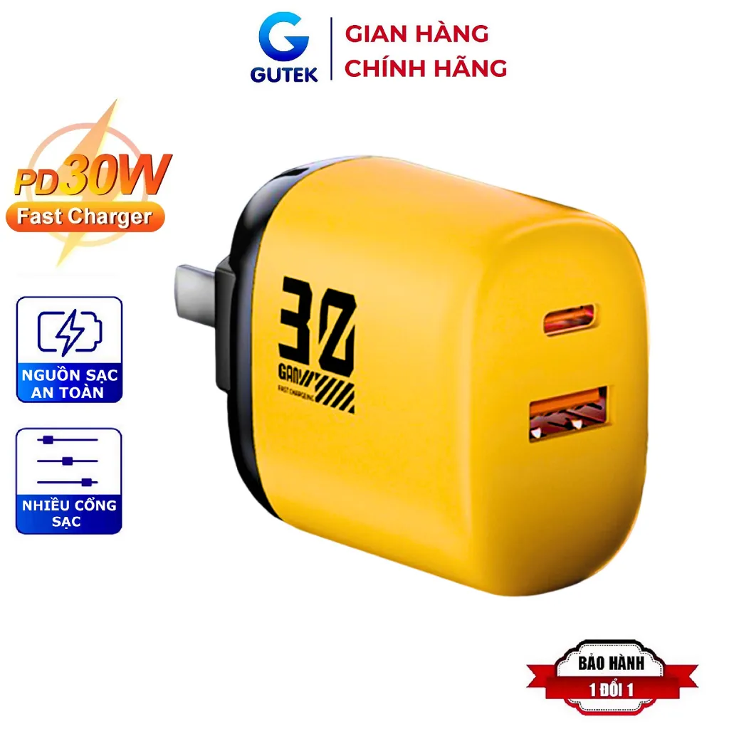 Ảnh Củ sạc nhanh GAN+ PD30W 2 cổng cắm usb type-c dùng cho điện thoại iphone samsung oppo – Gutek S520 1
