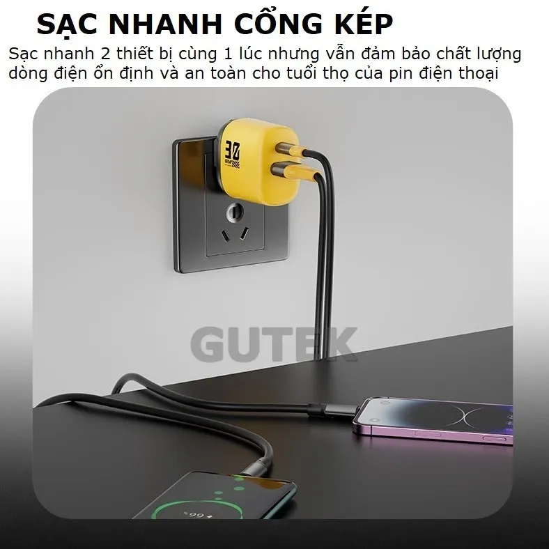 Ảnh Củ sạc nhanh GAN+ PD30W 2 cổng cắm usb type-c dùng cho điện thoại iphone samsung oppo – Gutek S520 3
