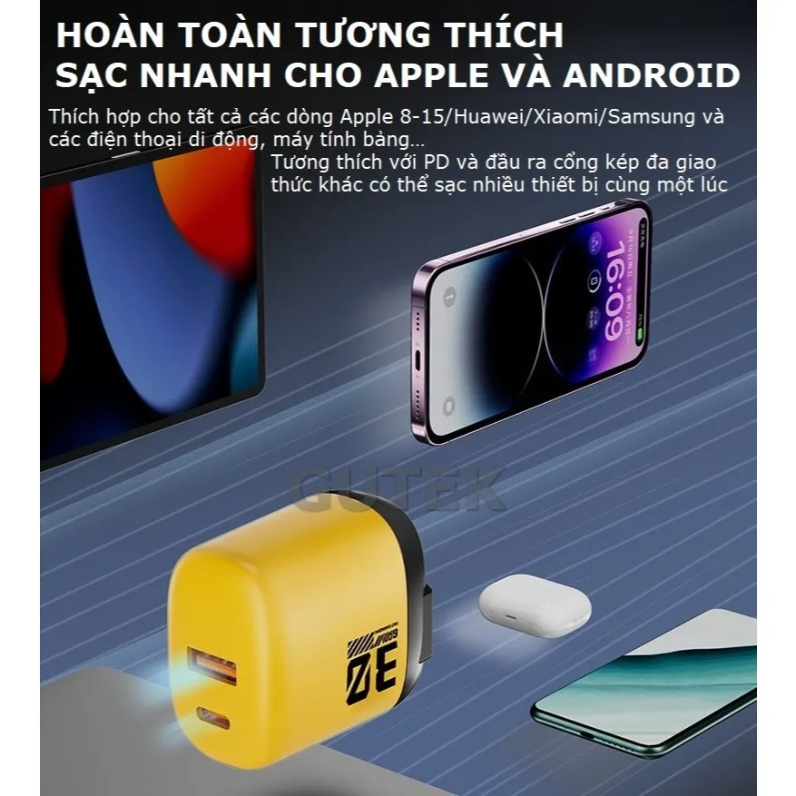 Ảnh Củ sạc nhanh GAN+ PD30W 2 cổng cắm usb type-c dùng cho điện thoại iphone samsung oppo – Gutek S520 4
