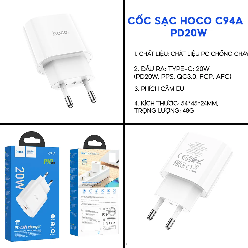 Ảnh Củ Sạc Nhanh PD 20W Hoco C94A Type C Dùng Cho IP,Ss,.và các dòng mày khác Vật Liệu PC chống cháy nổ 2