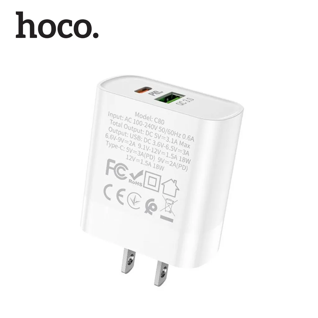 Ảnh Củ sạc PD 20W Hoco C80 2 cổng ( USB + Type-C ) sạc nhanh tối đa 3A, Q.C 3.0, tương thích nhiều thiết bị, tiện lợi ( US ) 4