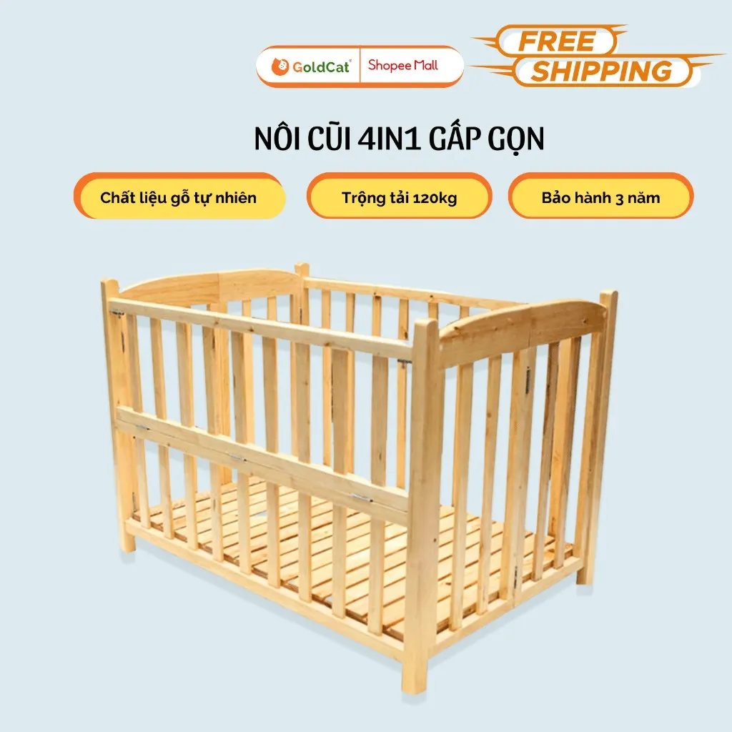 Ảnh Cũi Cho Bé GOLDCAT 4IN1 Làm Từ Gỗ Quế Tự Nhiên, Có Thể Gấp Gọn Điều Chỉnh 2 Mức Cũi, Kèm Đệm Muslin Cao Cấp 1