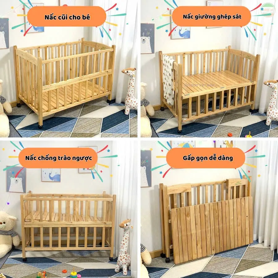 Ảnh Cũi Cho Bé GOLDCAT 4IN1 Làm Từ Gỗ Quế Tự Nhiên, Có Thể Gấp Gọn Điều Chỉnh 2 Mức Cũi, Kèm Đệm Muslin Cao Cấp 2