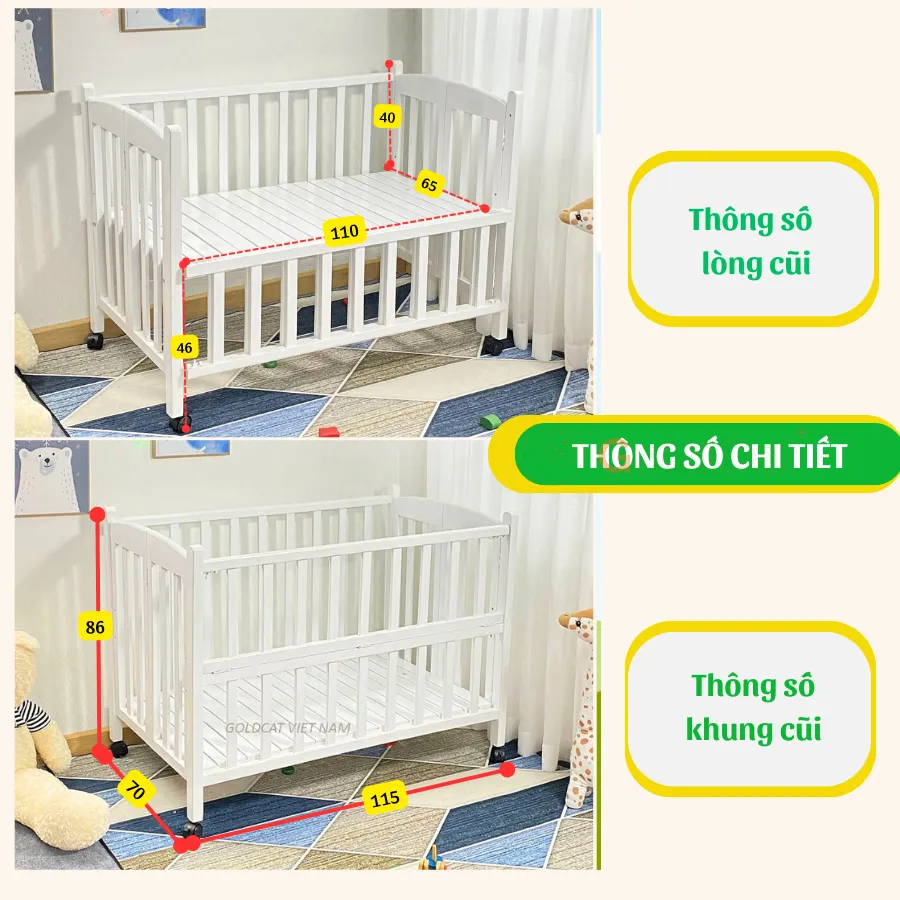 Ảnh Cũi Cho Bé GOLDCAT 4IN1 Làm Từ Gỗ Quế Tự Nhiên, Có Thể Gấp Gọn Điều Chỉnh 2 Mức Cũi, Kèm Đệm Muslin Cao Cấp 3