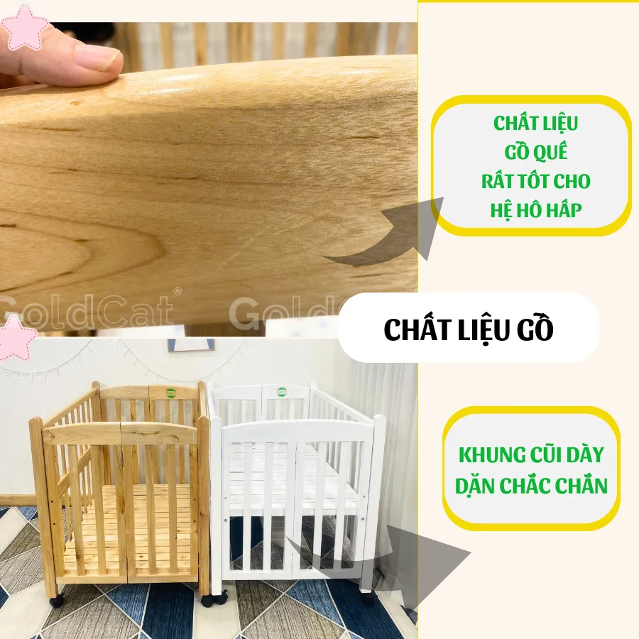 Ảnh Cũi Cho Bé GOLDCAT 4IN1 Làm Từ Gỗ Quế Tự Nhiên, Có Thể Gấp Gọn Điều Chỉnh 2 Mức Cũi, Kèm Đệm Muslin Cao Cấp 4