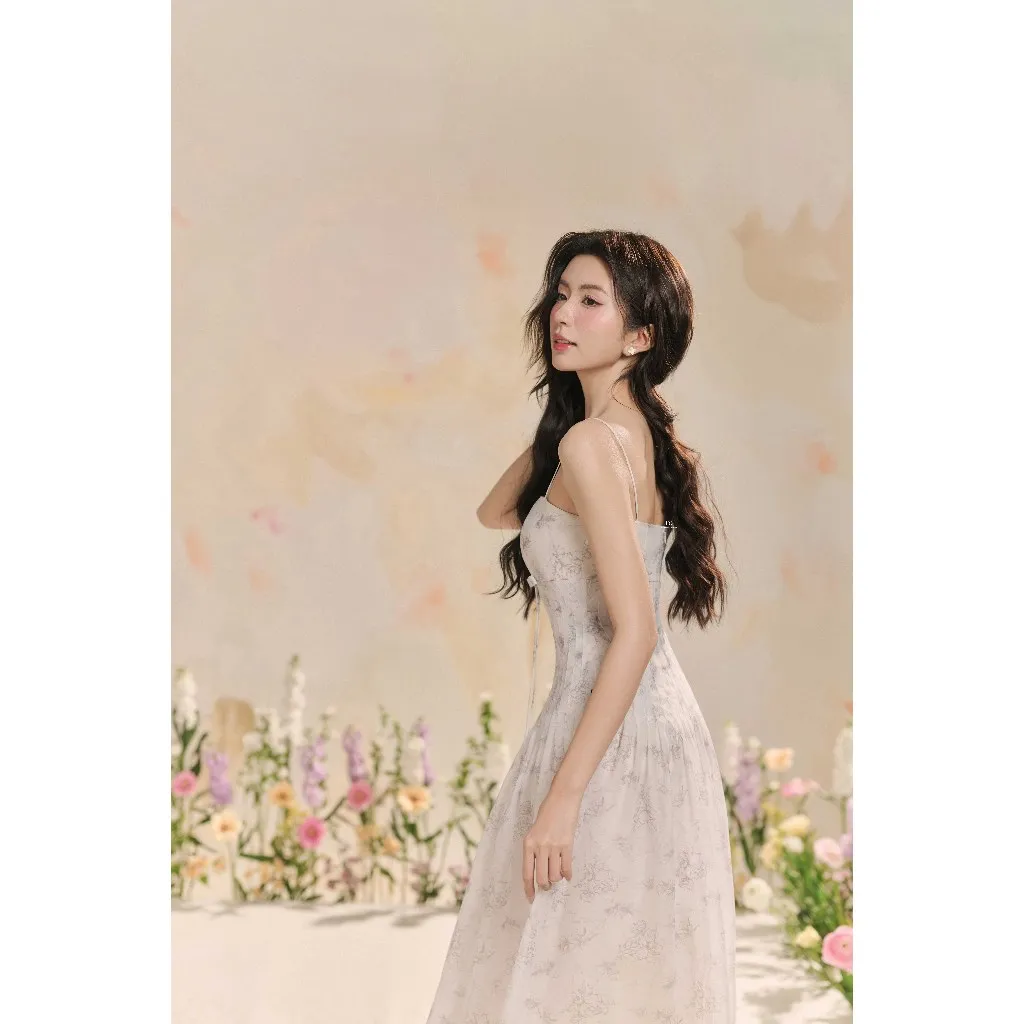 Ảnh Đầm 2 dây xếp ly bung họa tiết 1R11.2503OG, váy 2 dấy maxi dáng dài, xếp ly eo tôn dáng nữ tính đáng yêu cho nàng JM 3