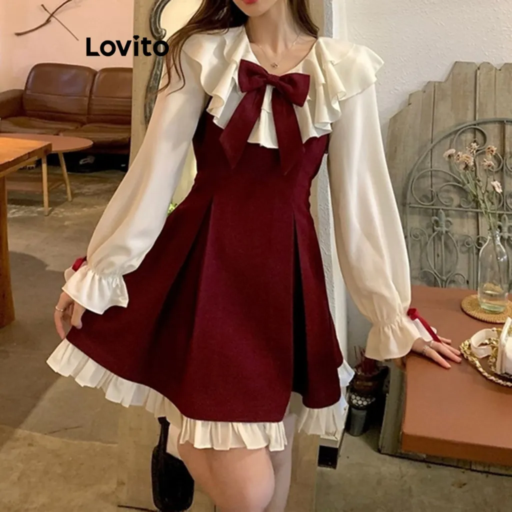 Ảnh Đầm chữ A Lovito chắp vá thắt nơ viền nhún bèo phong cách dự tiệc Giáng sinh dễ thương cho nữ LNA43050 1