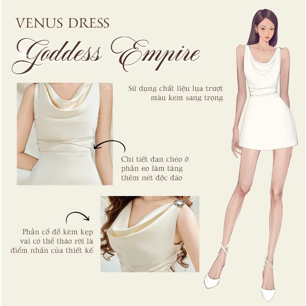 Ảnh Đầm cổ đổ thắt nơ ở eo màu kem VENUS đơn giản, sang trọng - Simple Twist 3