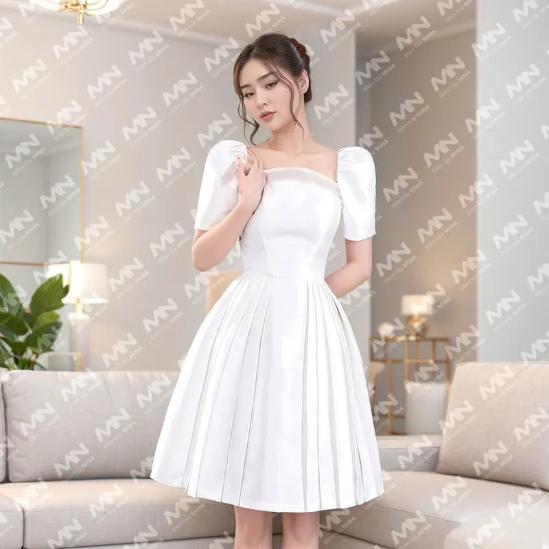 Ảnh Đầm công chúa MINA tay phồng dáng xoè xếp ly chất Taffeta phối Voan điệu đà dự tiệc, đi chơi MN214 4