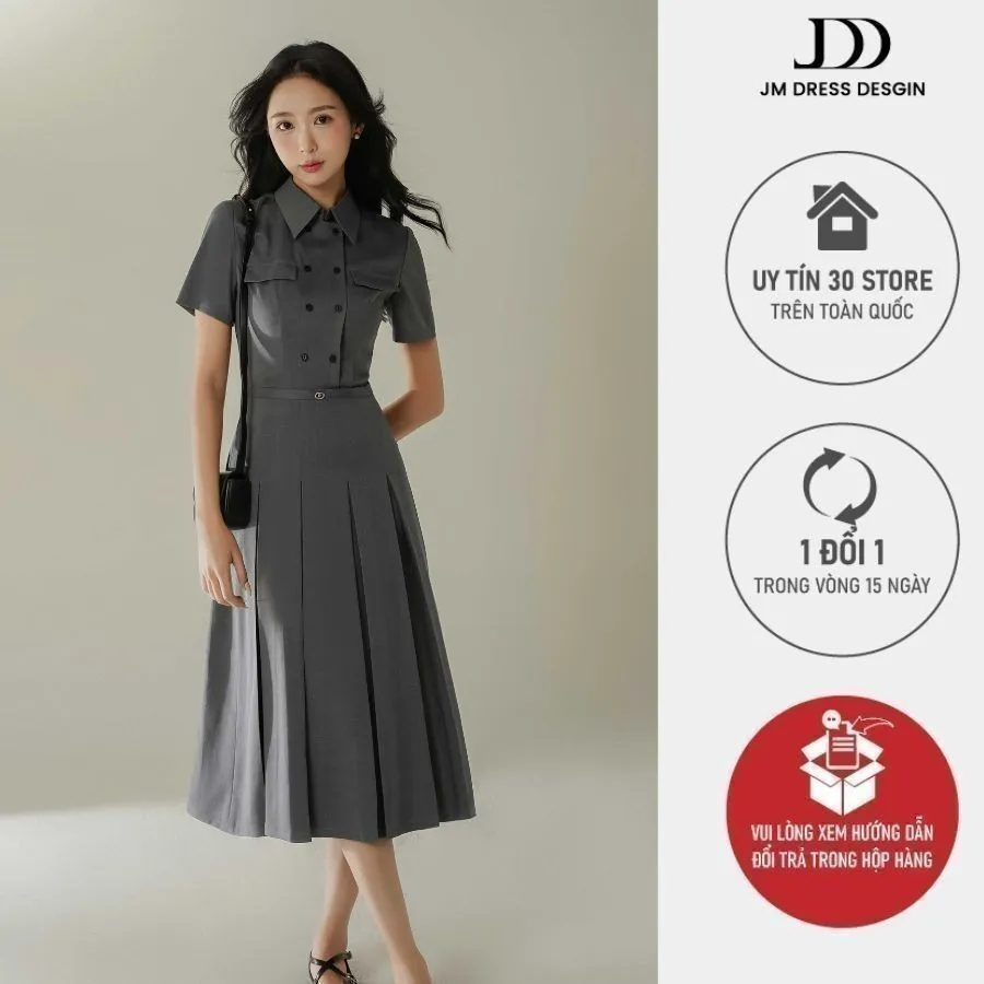 Ảnh Đầm dài chân xếp ly chụm đai eo 1F25.2410K, váy dáng dài cổ bẻ kiểu dáng thanh lịch dành cho các quý cô JM Dress Design 1